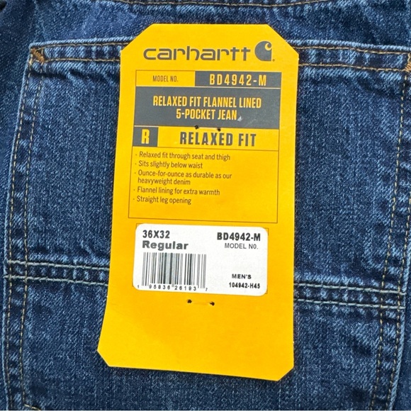 Carhartt Men’s RELAXED FIT FLANNEL LINED JEANS 36x32 BD4942-M WORKWEAR NWT New - Picture 3 of 9